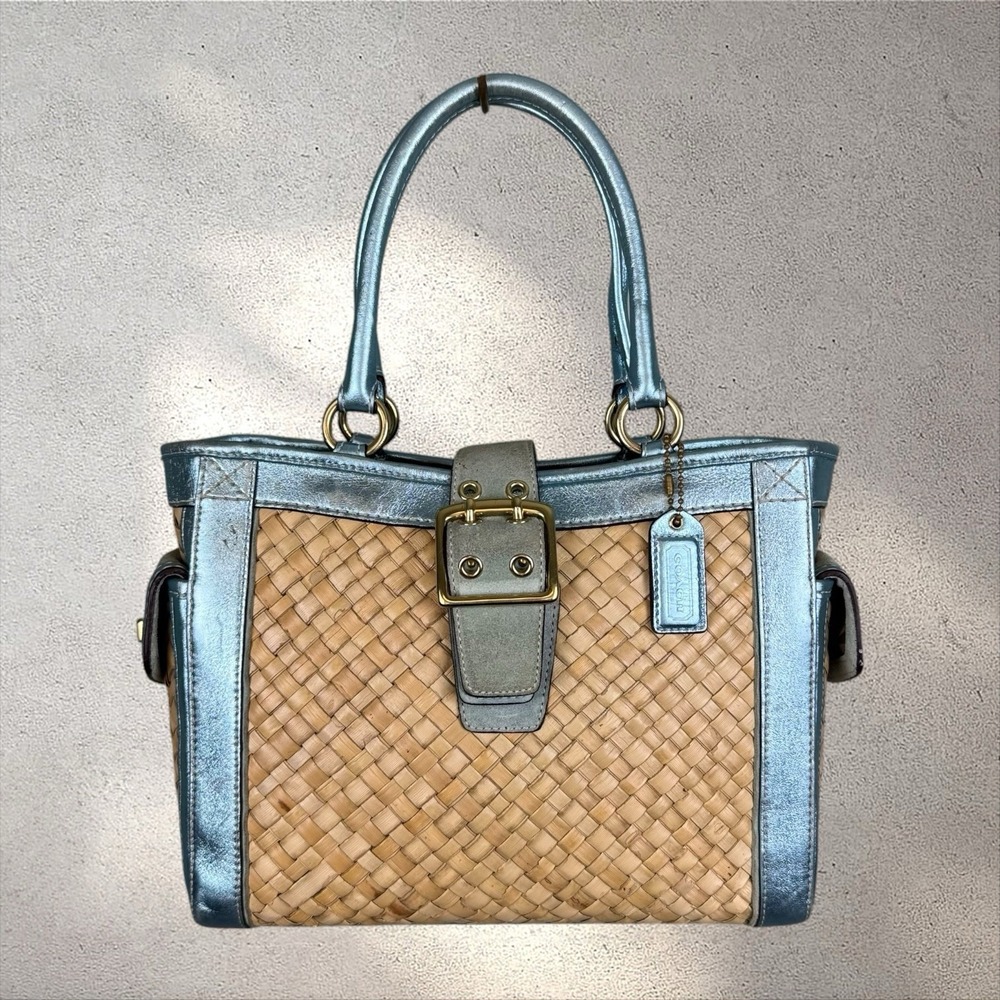 VTG Coach Straw Tote Blue Metallic Leather Suede Woven Basket Raffia Bag 4419